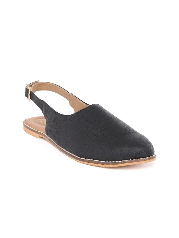 Black Textured V-Shape Buckled Slipons