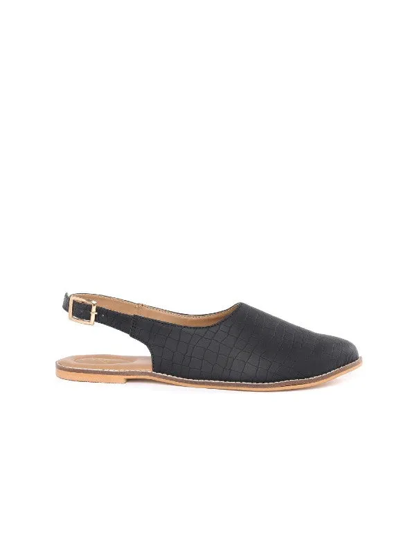 Black Textured V-Shape Buckled Slipons
