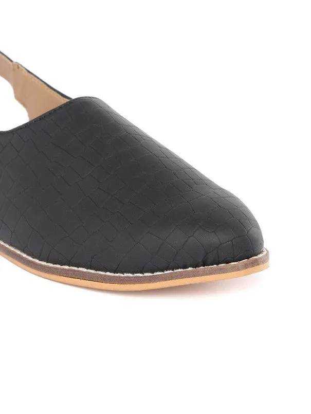 Black Textured V-Shape Buckled Slipons