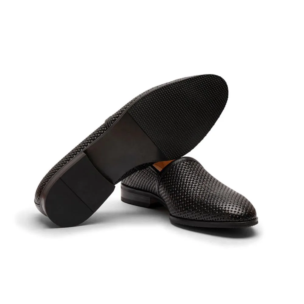 Black Woven Leather King Slipons