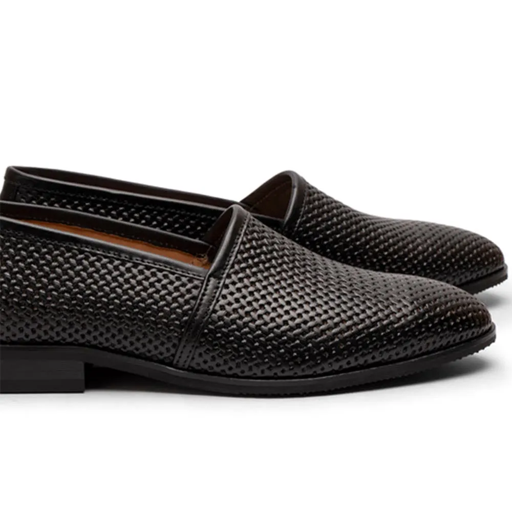 Black Woven Leather King Slipons