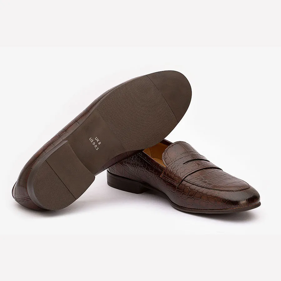 Brown Croco Penny Slipons
