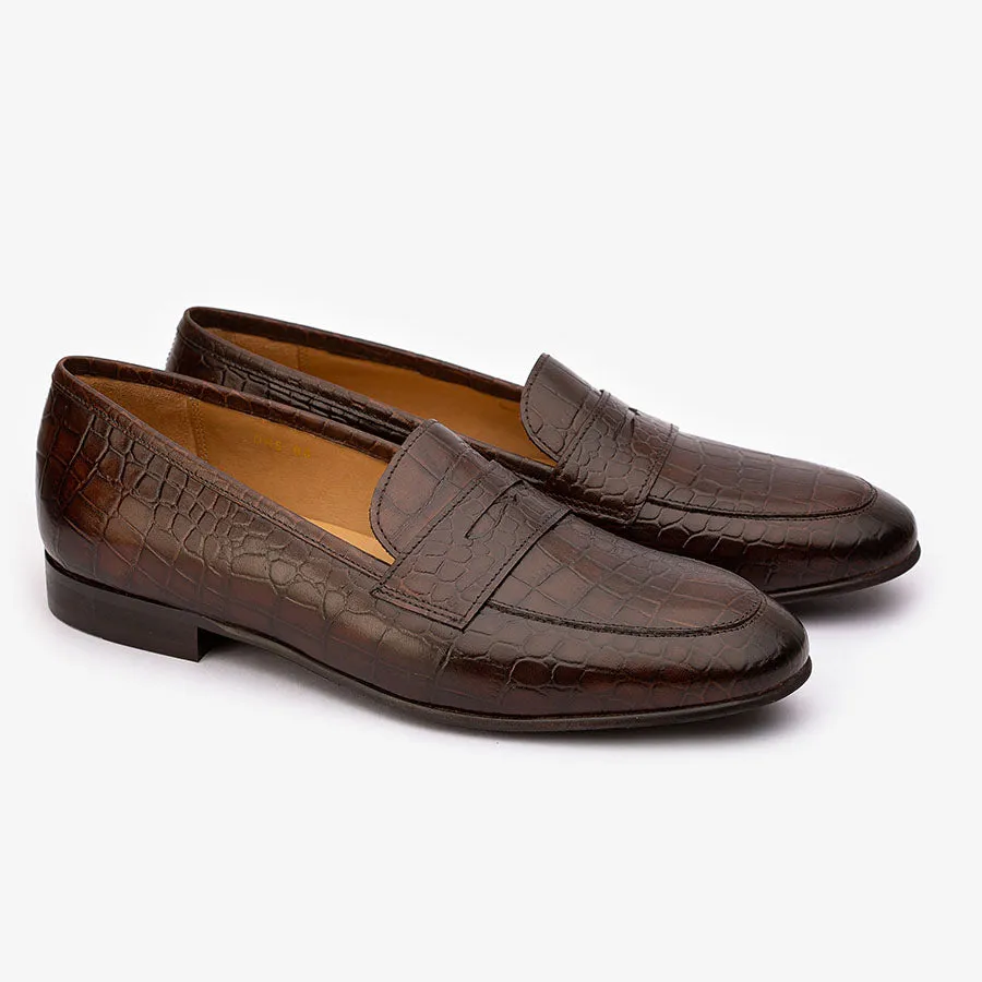 Brown Croco Penny Slipons