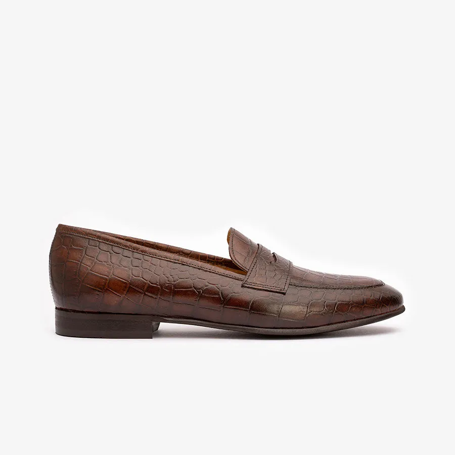 Brown Croco Penny Slipons