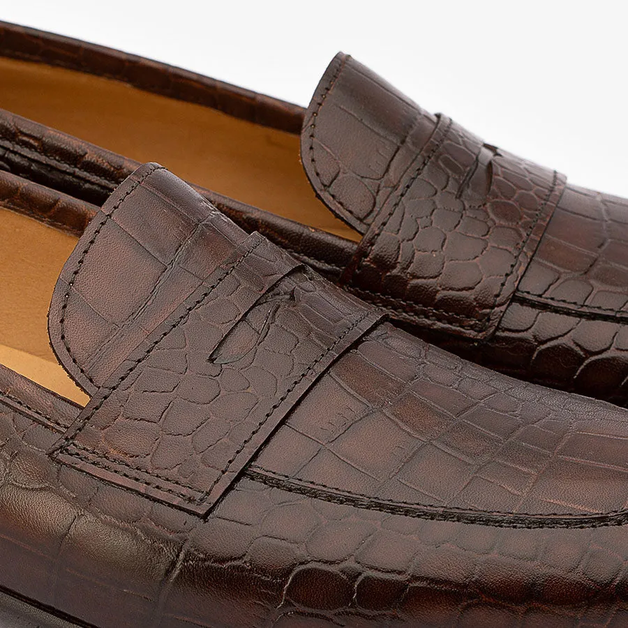 Brown Croco Penny Slipons