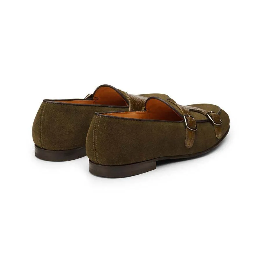 Khaki Suede Croco Monk Slipons