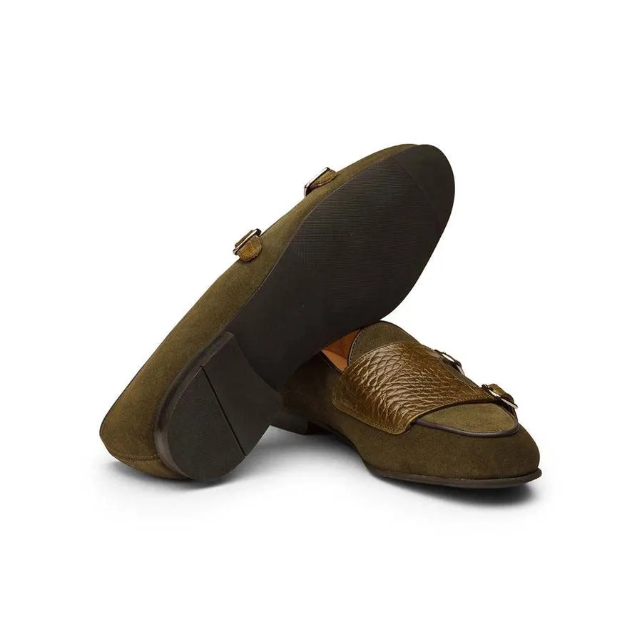 Khaki Suede Croco Monk Slipons