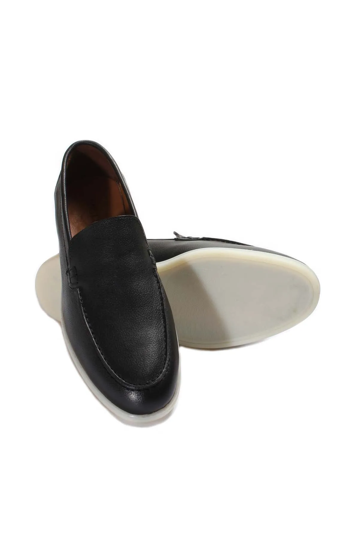 Men's Black Leather Slip-On Loafers with White Sole - Wessi