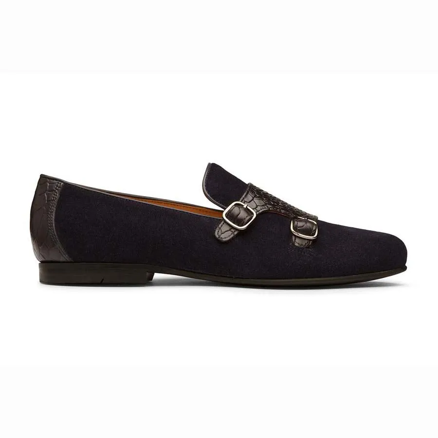 Navy Suede Black Croco Detailing Slipons
