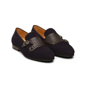 Navy Suede Black Croco Detailing Slipons