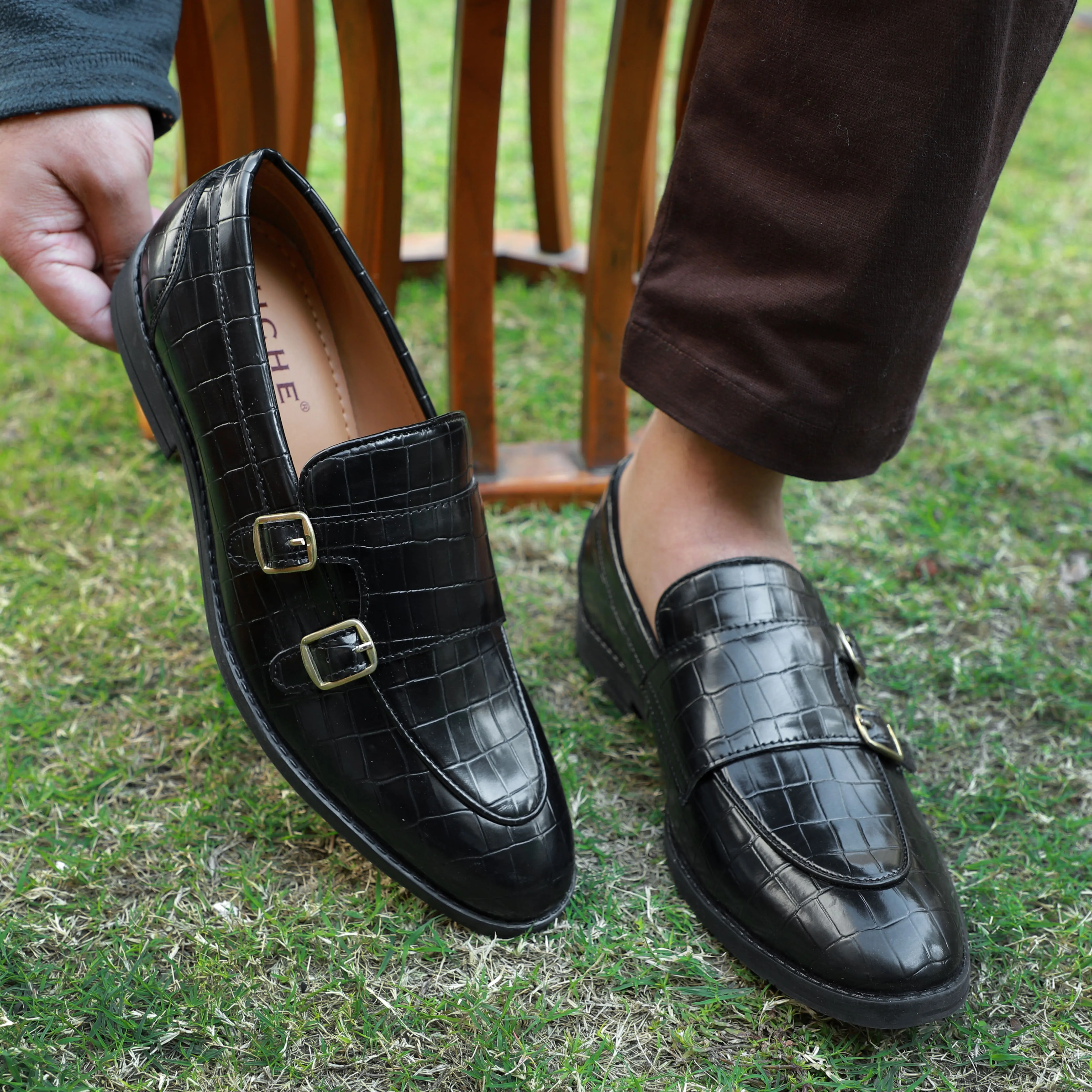 NICHE Black Crco Pattern Luxurious Double Monk Slipons
