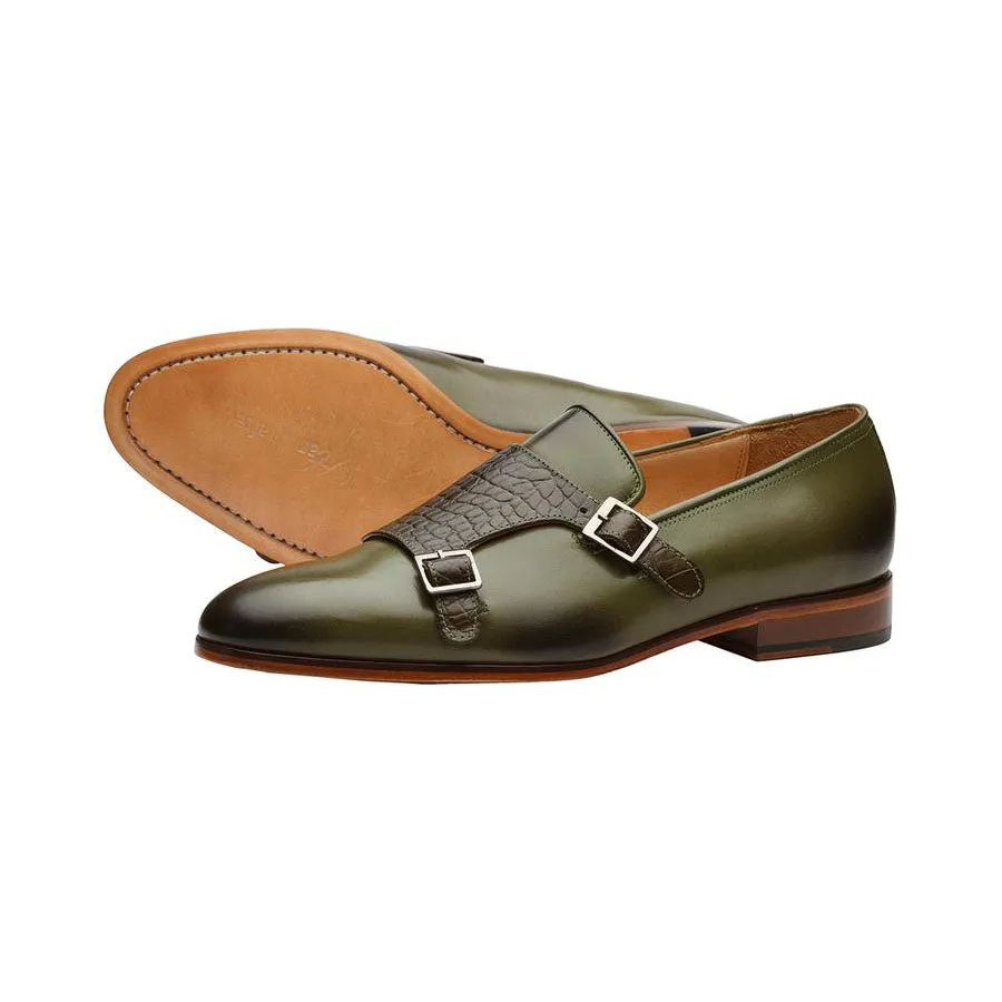 Olive Croco Monk Slipons