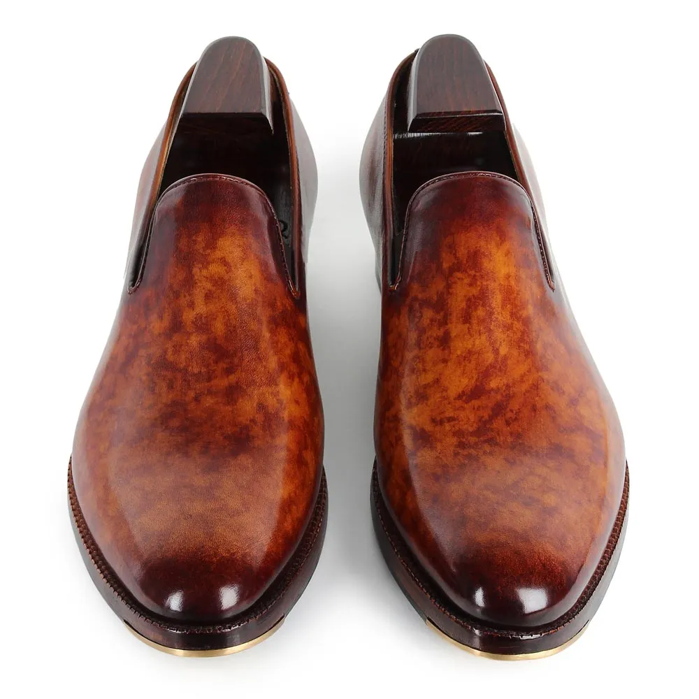 Tan Marble Patina Mirror Glossed SLipons with Metal Toe