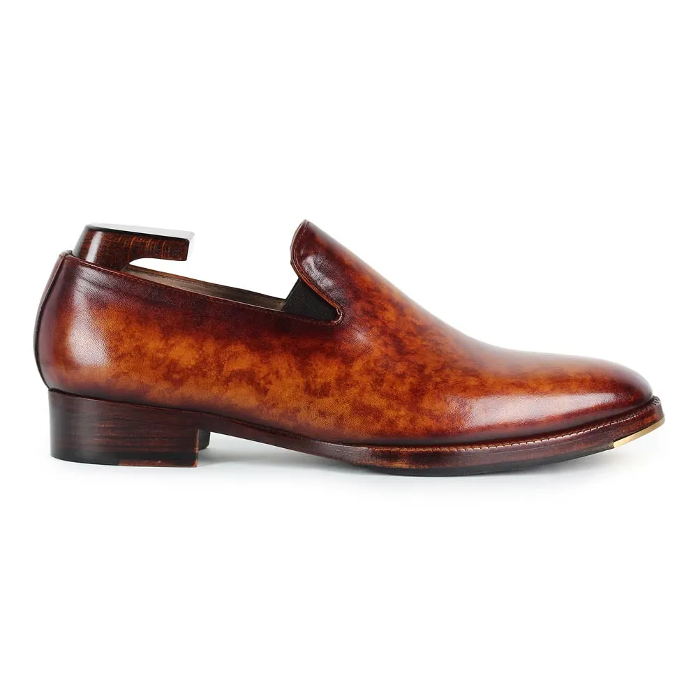 Tan Marble Patina Mirror Glossed SLipons with Metal Toe