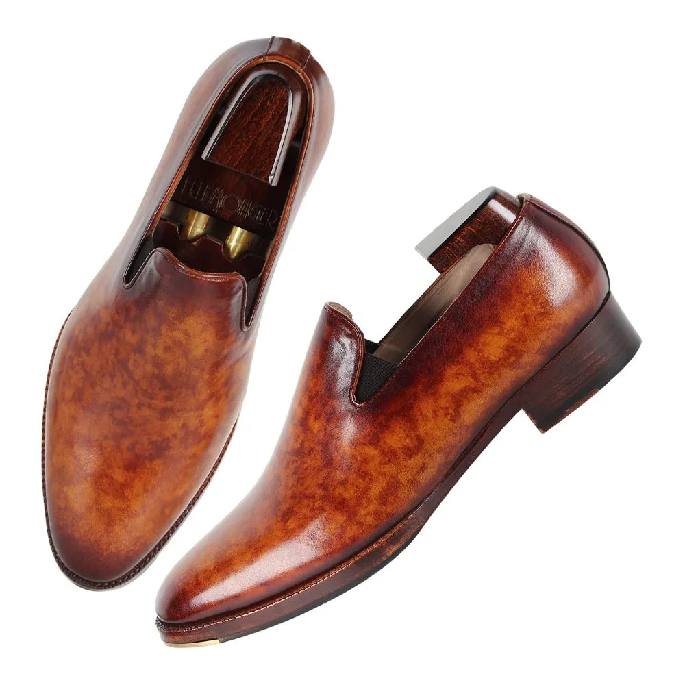 Tan Marble Patina Mirror Glossed SLipons with Metal Toe