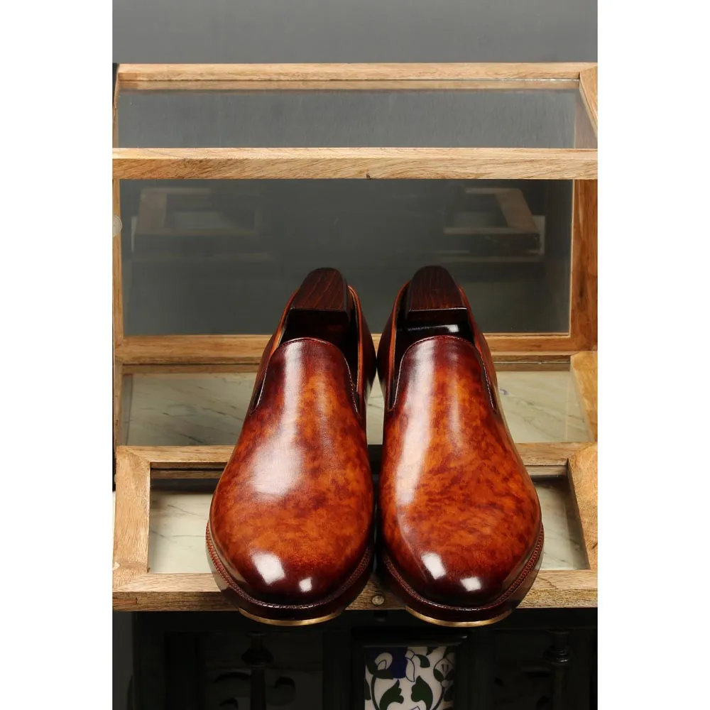 Tan Marble Patina Mirror Glossed SLipons with Metal Toe