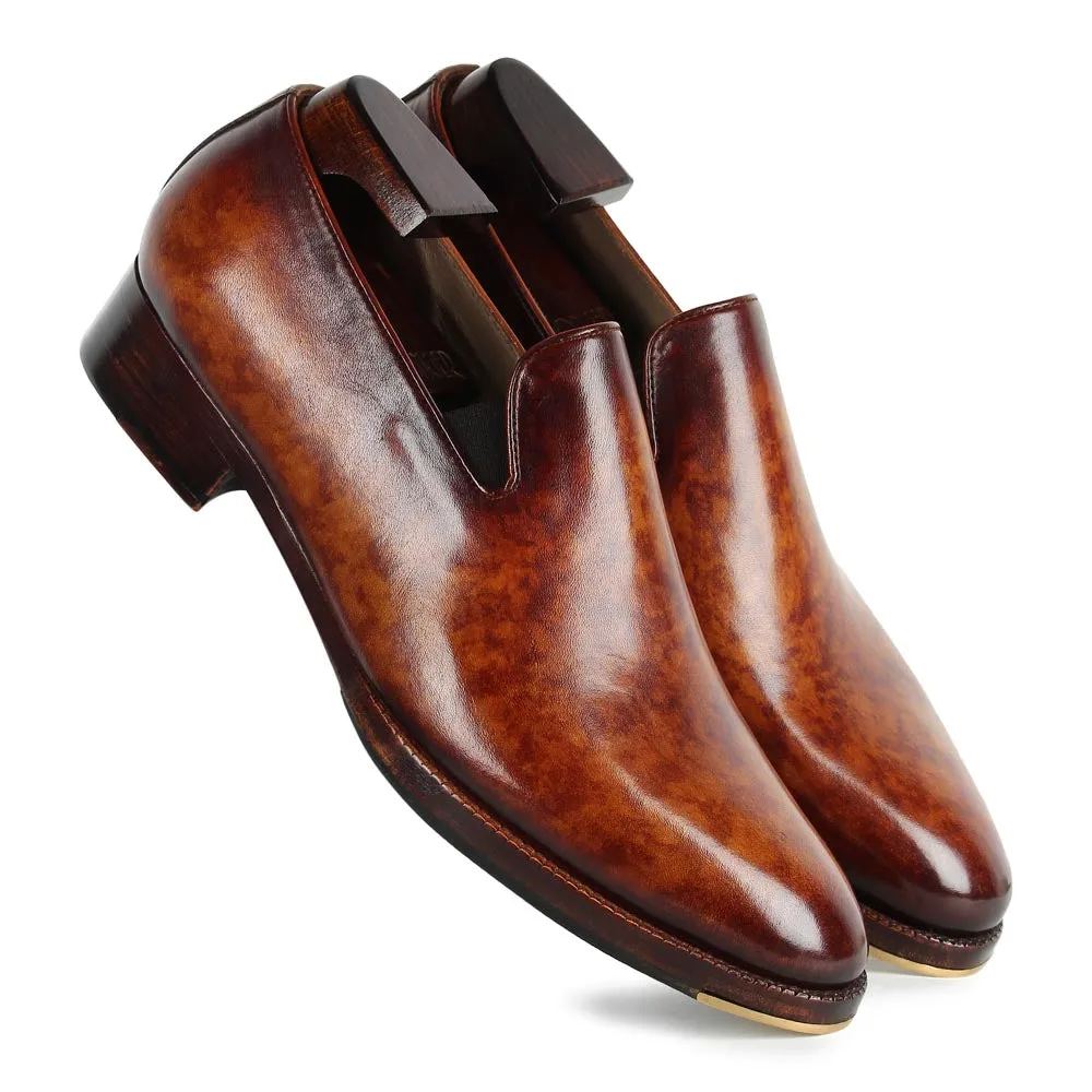 Tan Marble Patina Mirror Glossed SLipons with Metal Toe