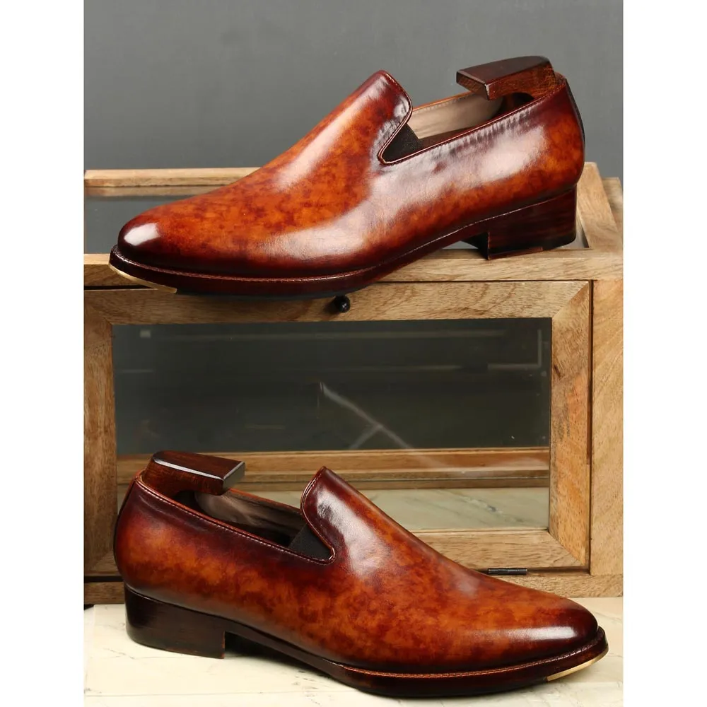 Tan Marble Patina Mirror Glossed SLipons with Metal Toe
