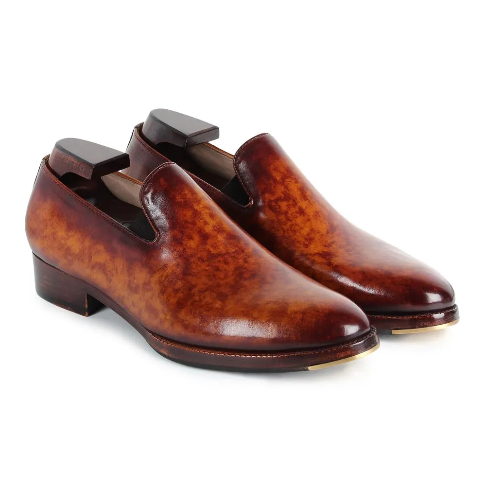Tan Marble Patina Mirror Glossed SLipons with Metal Toe