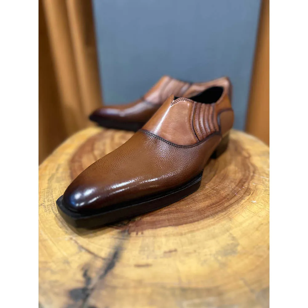 Tan Mirror Glossed Dual Tecture Slipons With Spade Sole