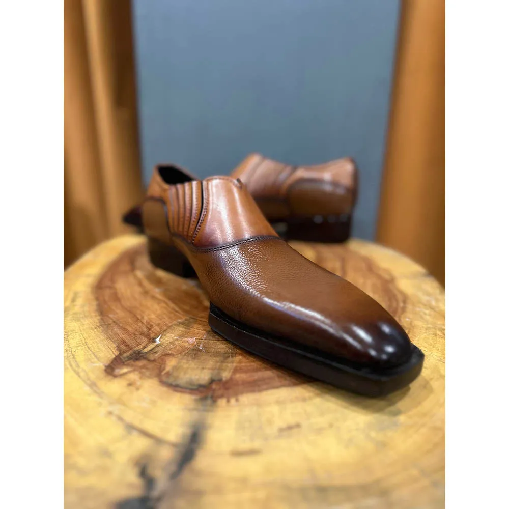 Tan Mirror Glossed Dual Tecture Slipons With Spade Sole