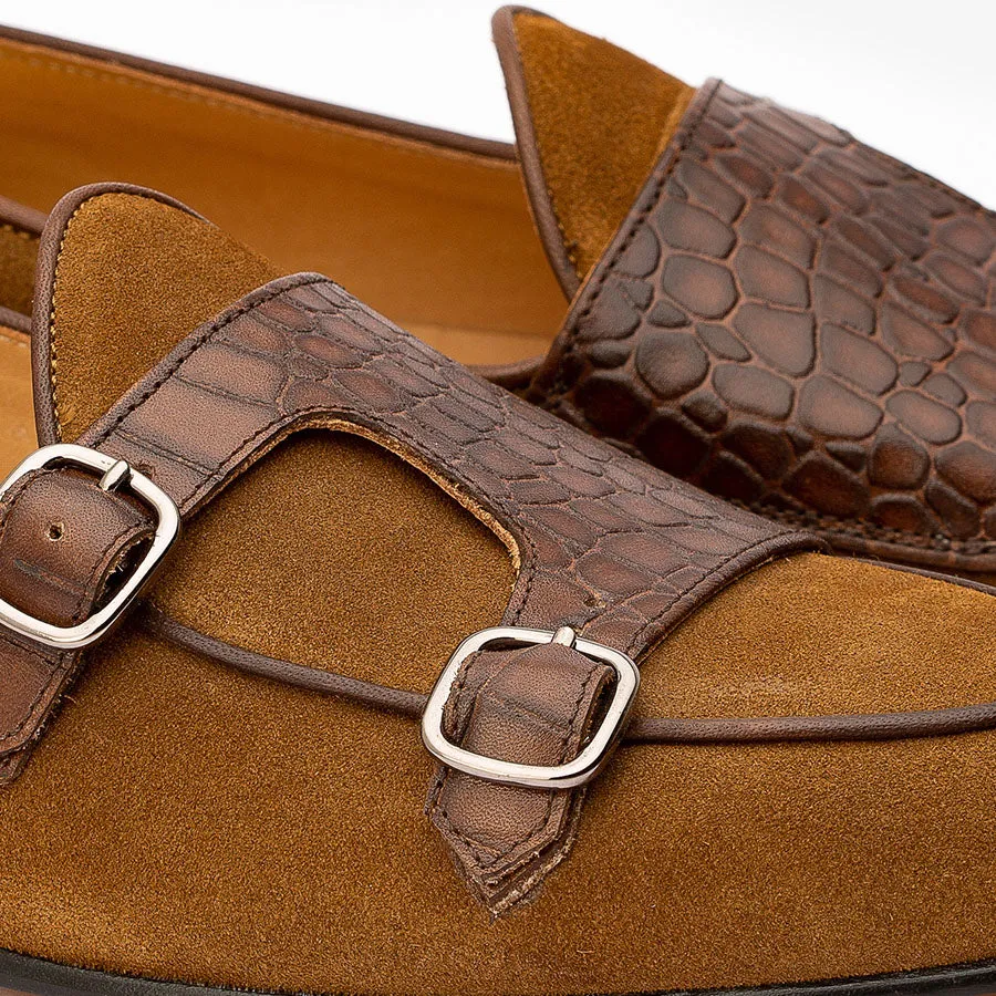 Tan Suede Crocodile Batwing Slipons