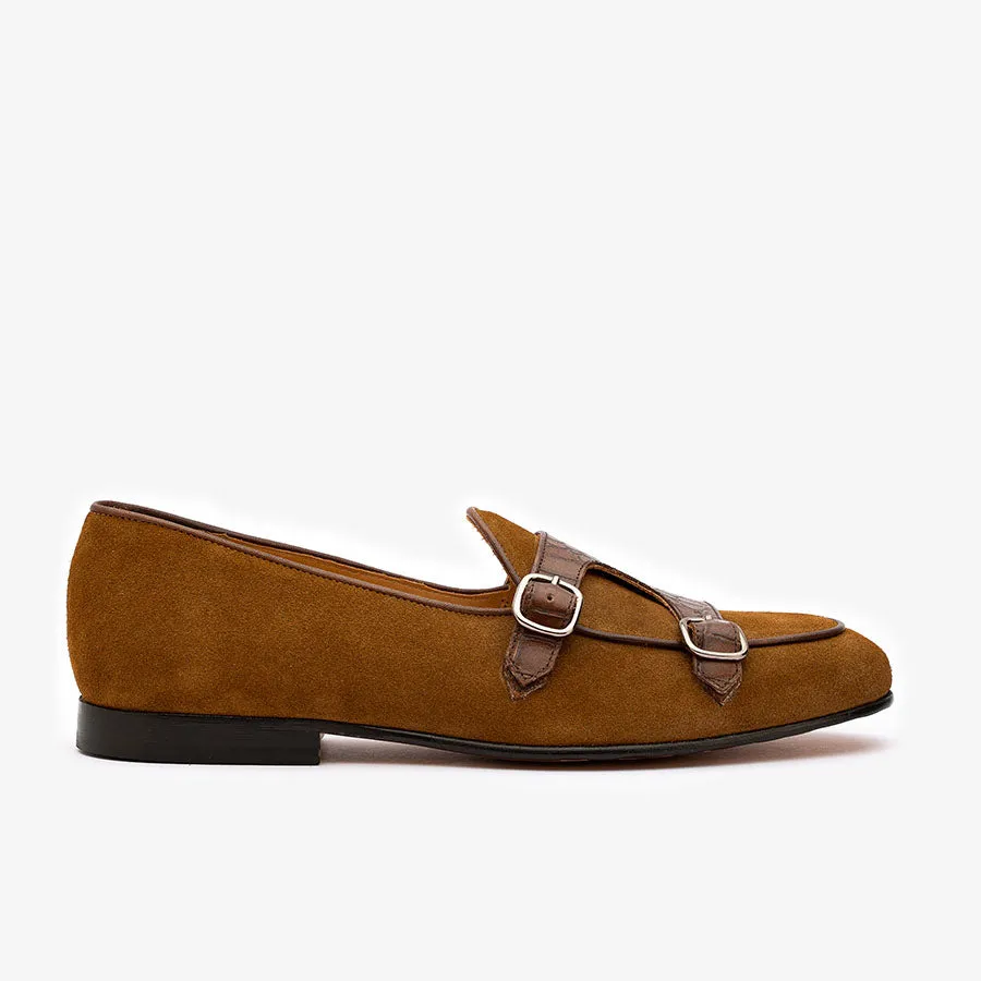 Tan Suede Crocodile Batwing Slipons