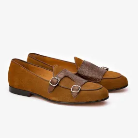 Tan Suede Crocodile Batwing Slipons