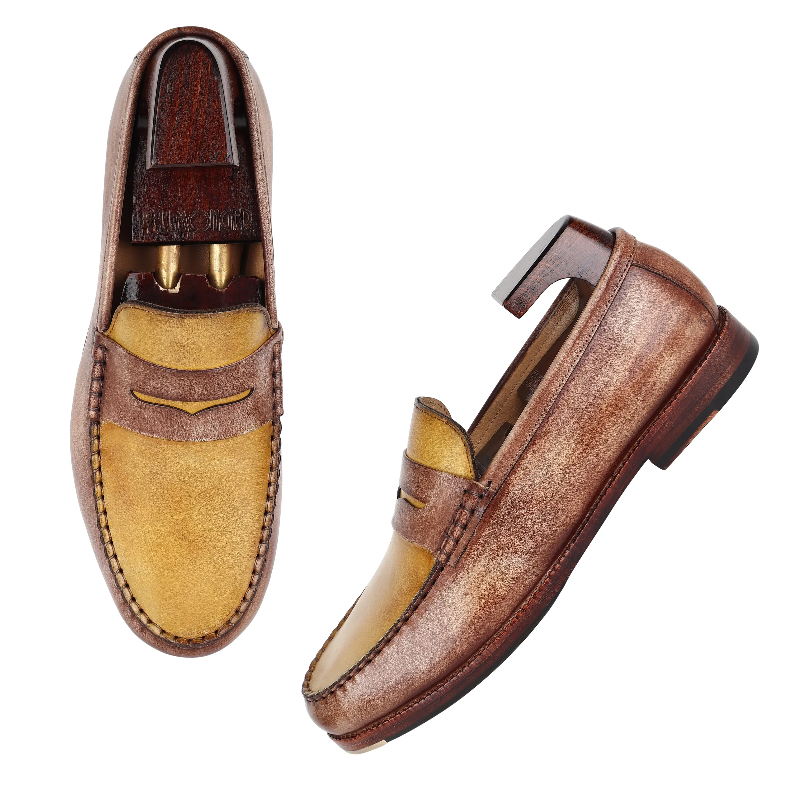 Wooden   Yellow Mirror Glossed Patina Mocassins Slipons With Metal Toe Plate