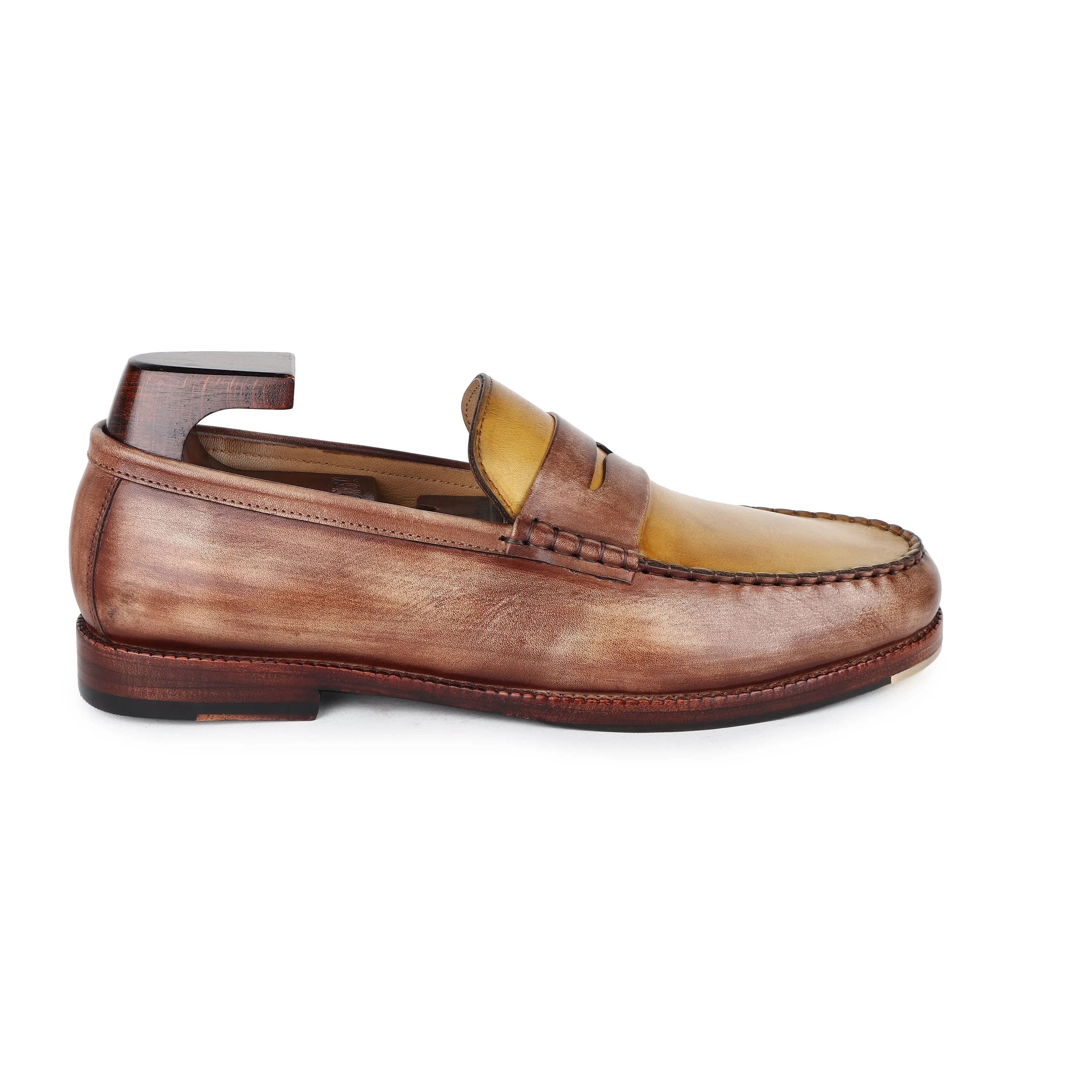 Wooden   Yellow Mirror Glossed Patina Mocassins Slipons With Metal Toe Plate