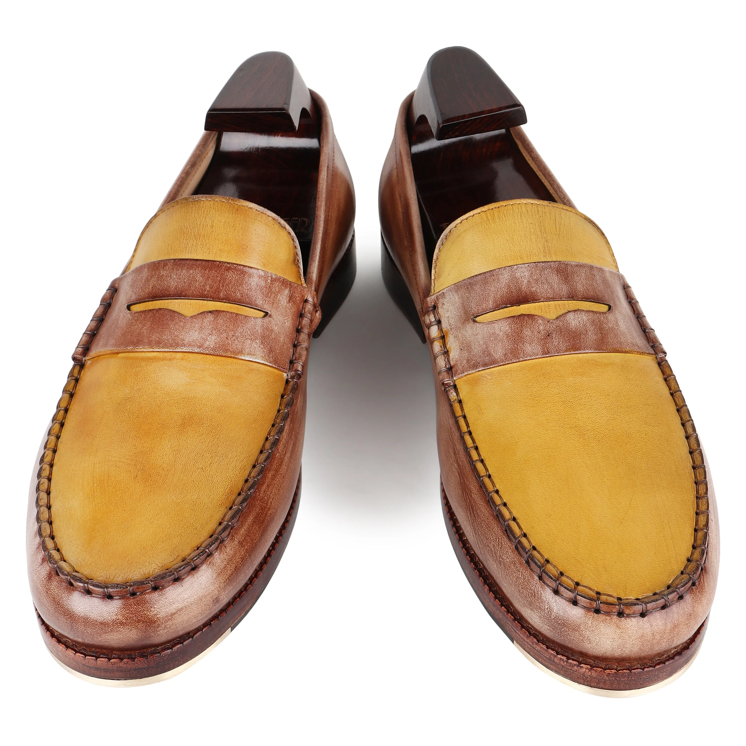Wooden   Yellow Mirror Glossed Patina Mocassins Slipons With Metal Toe Plate