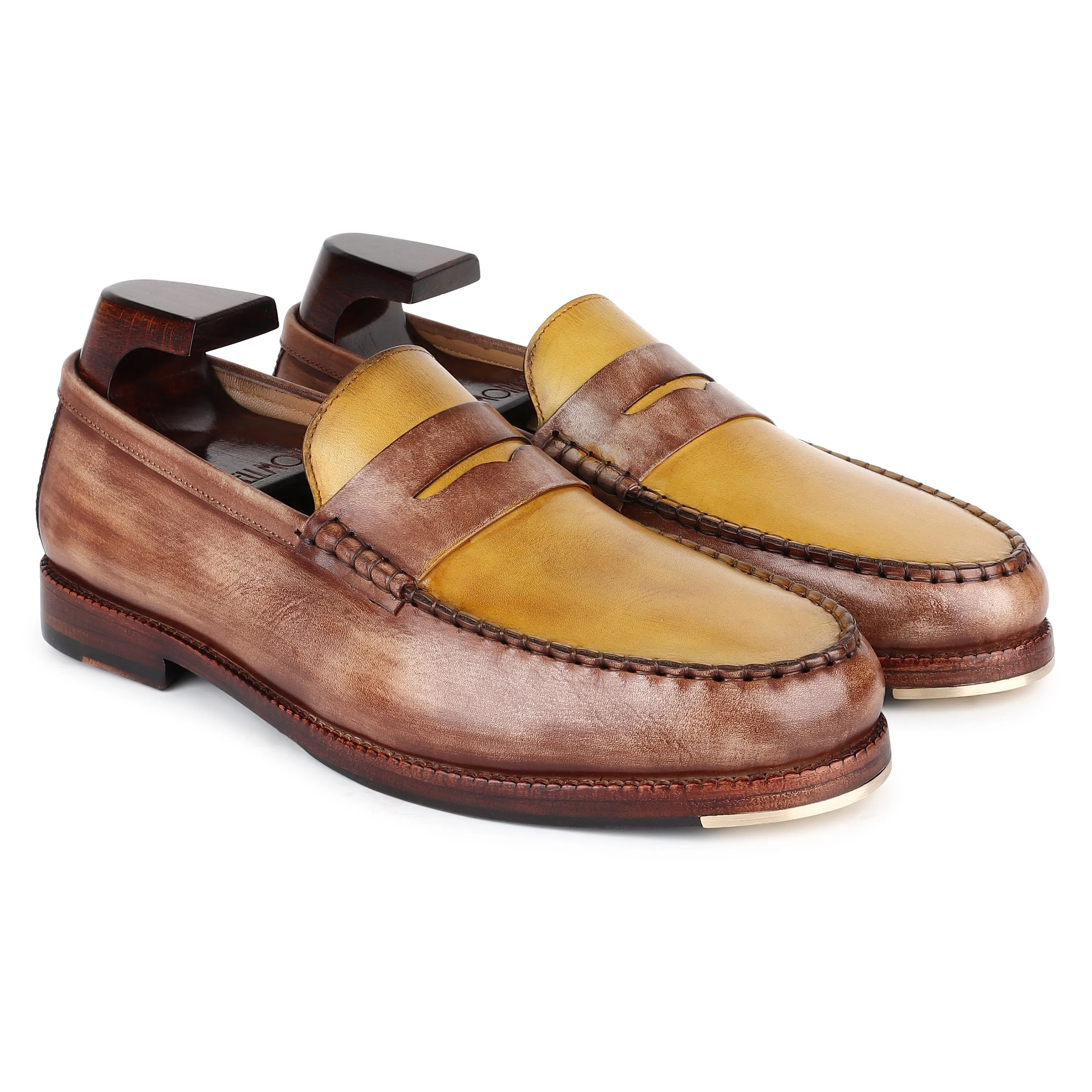 Wooden   Yellow Mirror Glossed Patina Mocassins Slipons With Metal Toe Plate