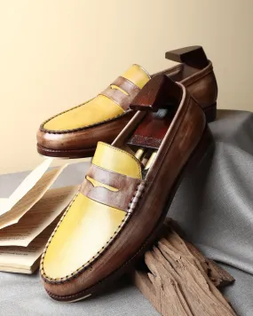 Wooden   Yellow Mirror Glossed Patina Mocassins Slipons With Metal Toe Plate