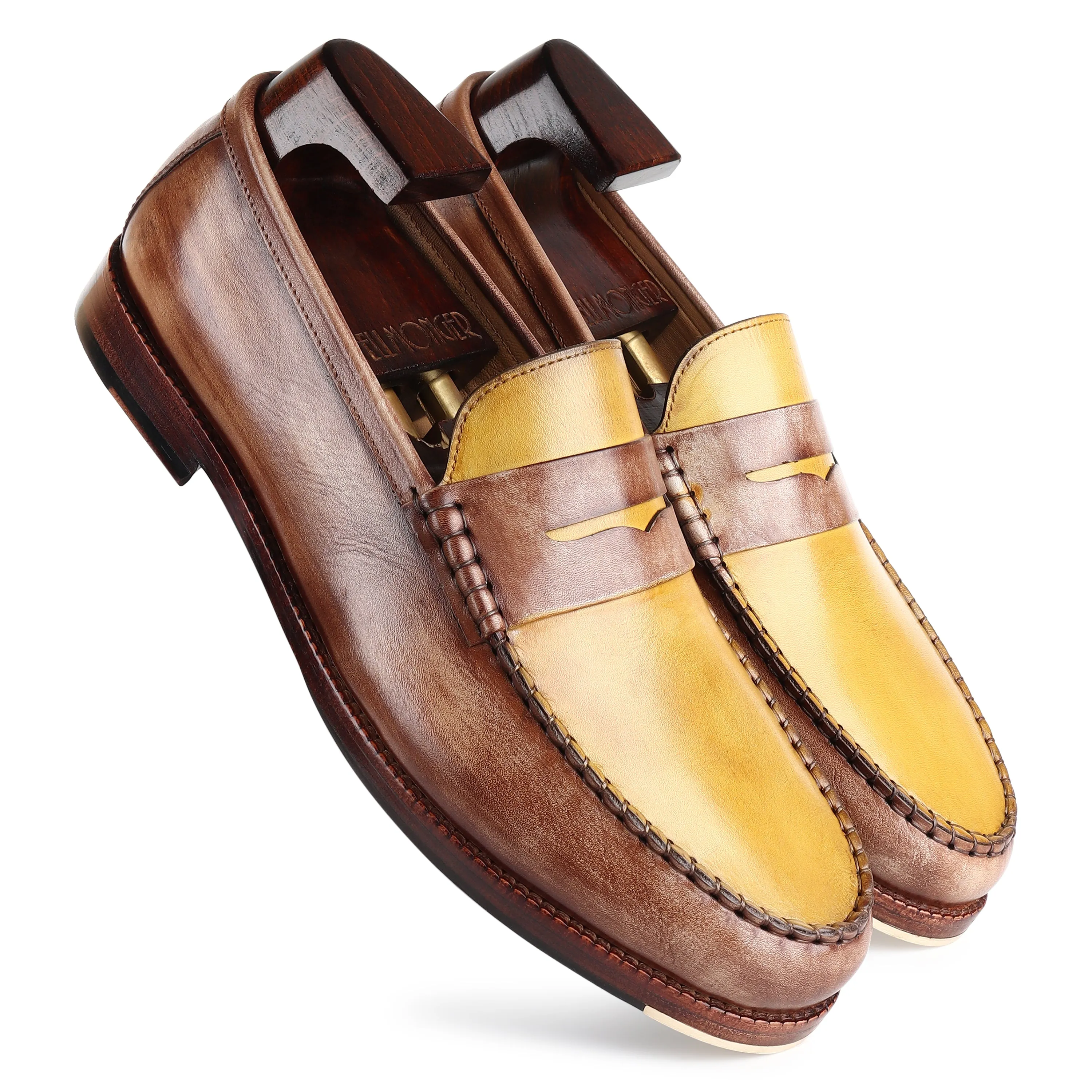 Wooden   Yellow Mirror Glossed Patina Mocassins Slipons With Metal Toe Plate