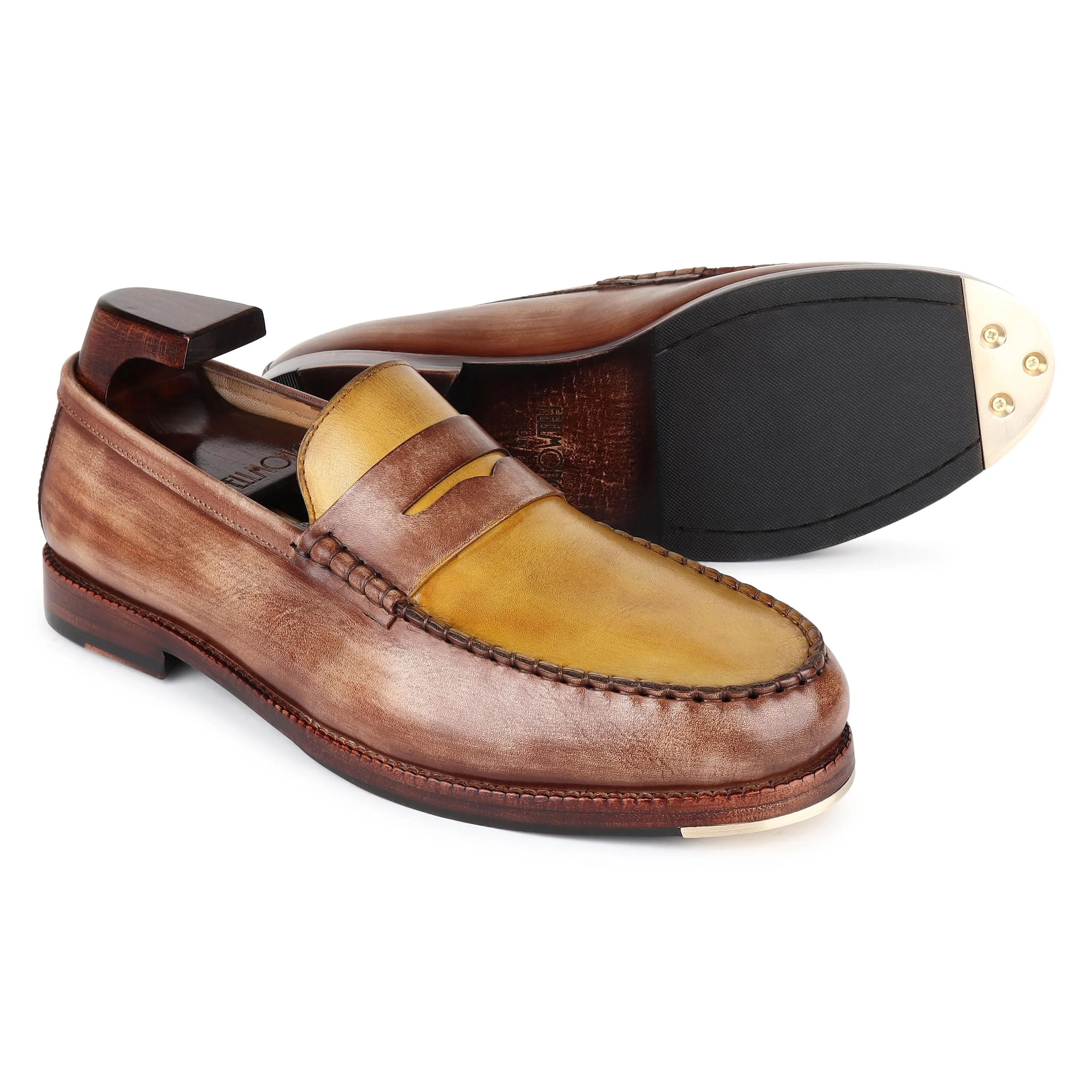 Wooden   Yellow Mirror Glossed Patina Mocassins Slipons With Metal Toe Plate